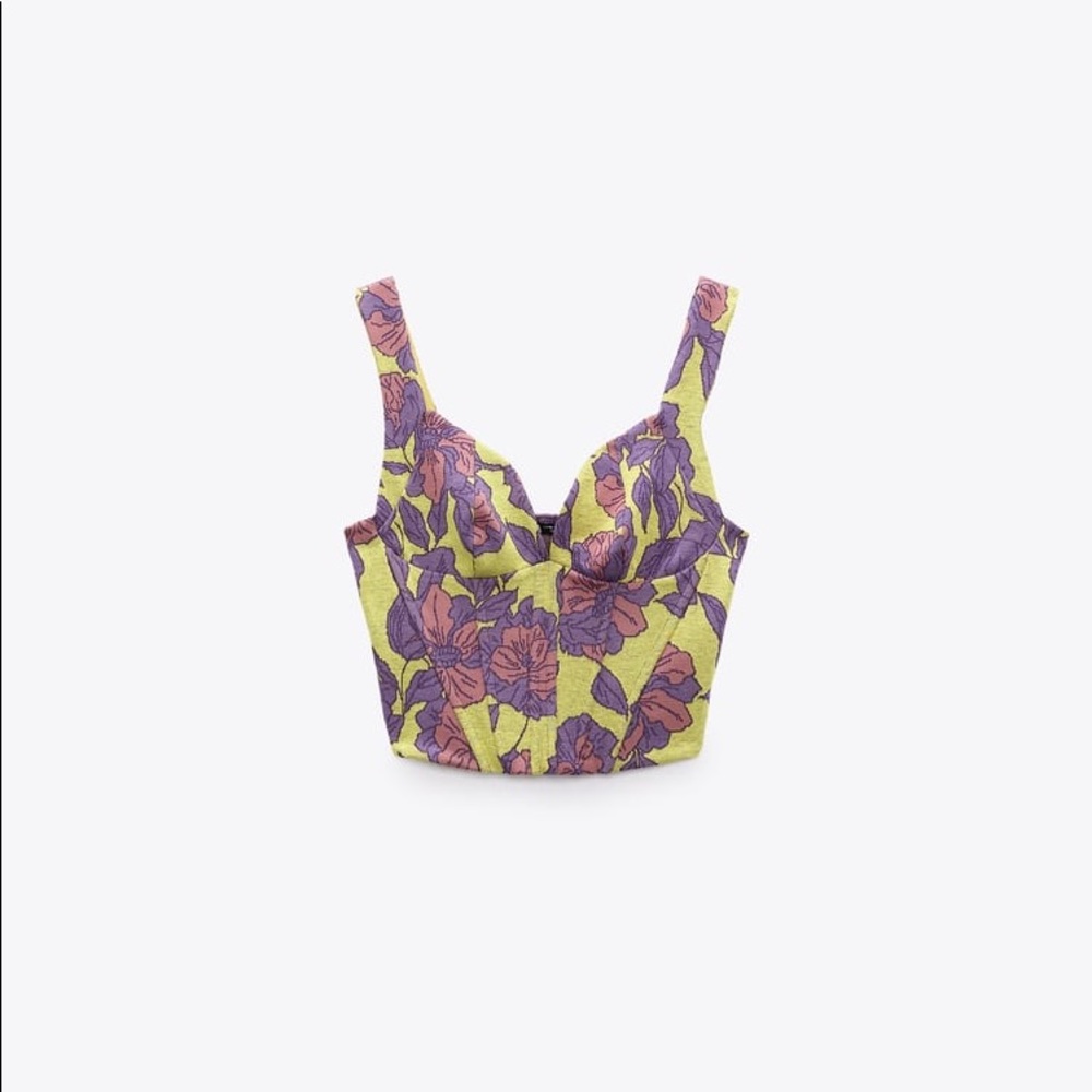 ZARA JACQUARD CROP CORSET BUSTIER FLORAL TOP